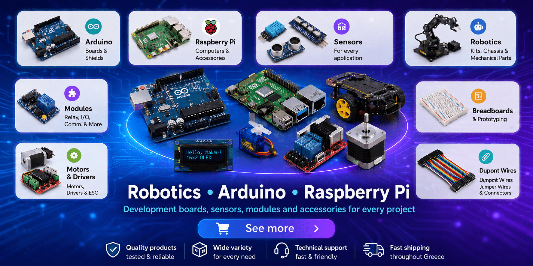 A range of materials for robotics such as development boards, sensors, modules and everything needed for every project
