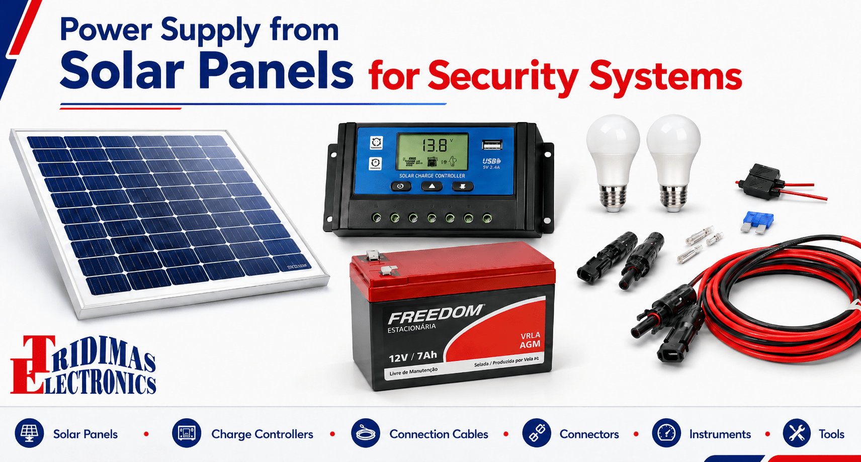 Series of photovoltaic sets with batteries, photovoltaic panels, inverter, cables, plugs for power supply to security systems and wherever needed